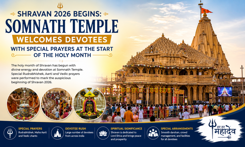 Shravan 2026 Begins Somnath Temple Welcomes Devotees with Special Prayers at the Start of the Holy Month