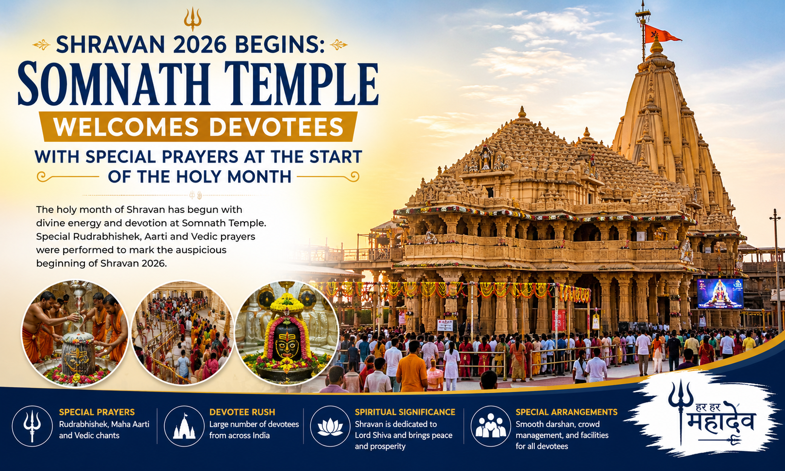 Shravan 2026 Begins Somnath Temple Welcomes Devotees with Special Prayers at the Start of the Holy Month